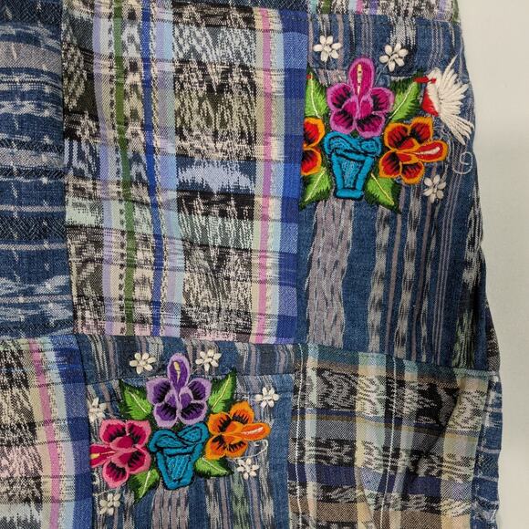 Patchwork Maxi Skirt S Blue Multi Plaid Boho Hippie Floral Embroidered Pull On - Picture 5 of 12